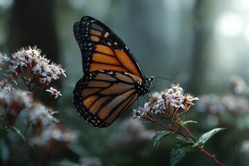 Vibrant digital render of a monarch butterfly perched on delicate flowers with a soft blurred forest backdrop in the early morning light