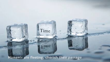 Three clear ice cubes melting with the word Time on one