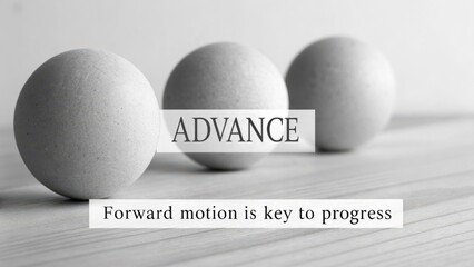 Minimal composition with three grey spheres and the word Advance