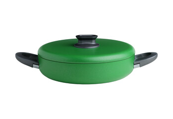 Green cooking pot with lid and handles isolated on transparent background