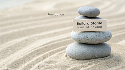 Three stacked river stones on sand representing a financial foundation