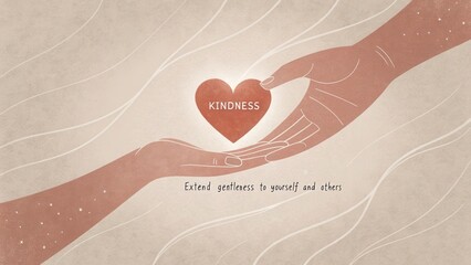 Artistic illustration of abstract hands holding a heart with kindness