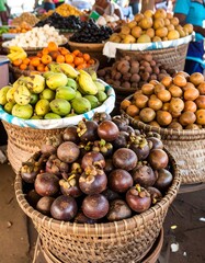 Fresh fruits piled high in baskets