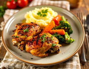 Grilled chicken thighs with mashed potatoes and vegetables on a plate