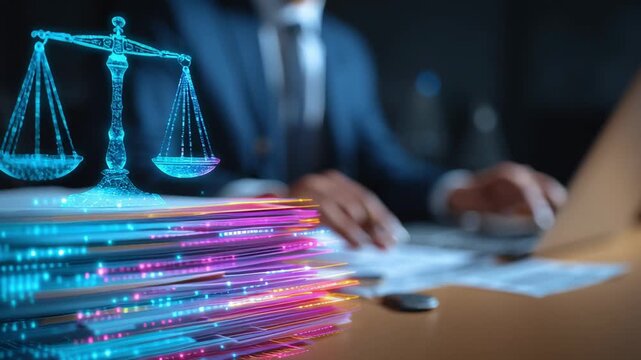 Man working on office with digital holographic scales of justice above stacked documents in office. Lawyer at workplace. Concept of digital law and modern justice system