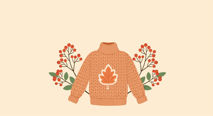 Cozy autumn sweater with leaf emblem and floral accents perfect for fall days.