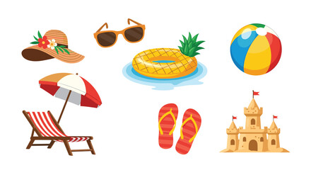 Summer vacation beach accessories for a perfect day at the seaside.