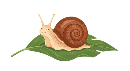 A happy snail slowly crawls across a large green leaf.