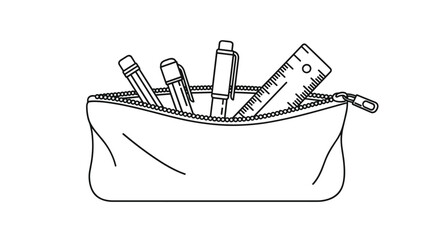 A pencil case filled with various writing and drawing tools and a ruler.