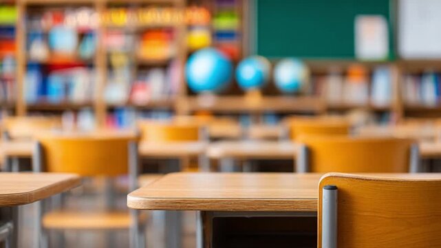 Classroom Setup: A captivating glimpse into a classroom, showcasing an inviting setup filled with anticipation for learning, focusing on wooden desks and chairs and a globe.