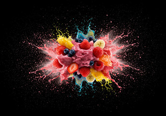 An explosive splash of colorful fresh fruits and smoothie on a black background.