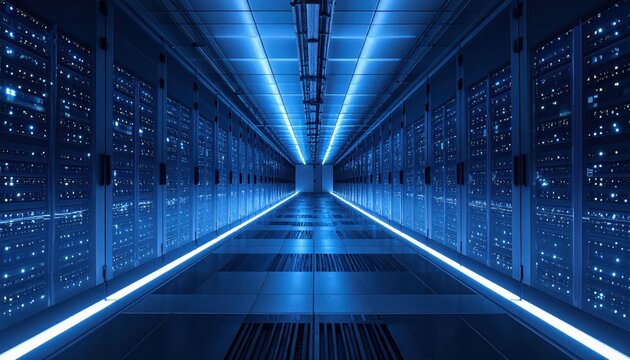 Interior view showcases a server room with rows of computer racks bathed in cool, blue light.