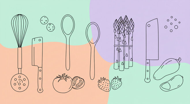 A minimalist line drawing featuring kitchen utensils, vegetables, and fruits on a split-color background.