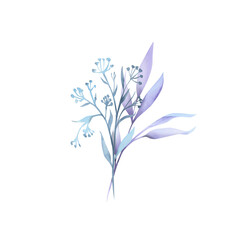 A bouquet of simple blue flowers. Winter, cool blue tones. Watercolor.