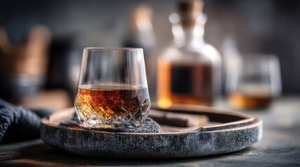 Elegant Glass of Whiskey on Wooden Tray with Decanter in Background