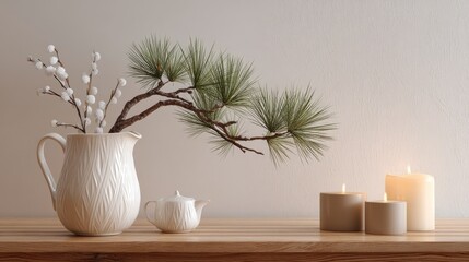 Fototapeta premium Elegant Home Decor with Teapot, Floral Arrangement, and Candles