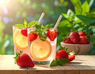 Two glasses of refreshing strawberry lemonade, garnished with fresh mint and lemon slices, sit on a light wooden table outdoors in bright sunlight.  A bowl of strawberries sits in the background