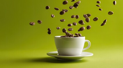 Fototapeta premium Coffee Beans Flying Above White Cup on Fresh Green Background