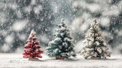 Obraz premium Snowy Christmas Miniature Trees with Soft Focus Background