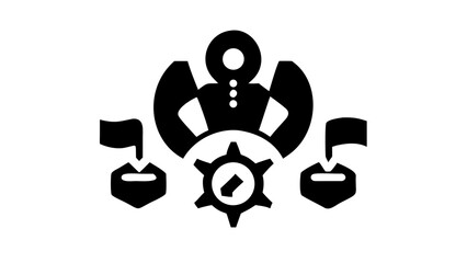 Icon depicting a person with flags and a gear representing leadership and strategic planning process