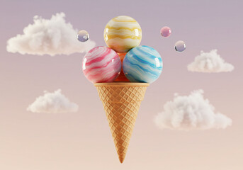 A whimsical and dreamy image of an ice cream cone with three colorful, swirled scoops floating in a pastel sky with fluffy clouds and bubbles.