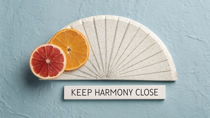 Creative Composition Featuring Citrus Fruits on a Textured Blue Background with an Inspiring Message on a Stone Plate