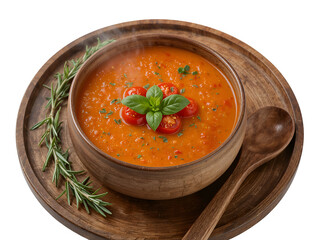 Steaming bowl of tomato soup with cherry tomatoes and basil garnish isolated on a transparent background