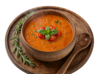 Steaming bowl of tomato soup with cherry tomatoes and basil garnish isolated on a transparent background