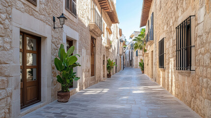 Obraz premium Narrow alley between tall stone buildings with soft light creates serene atmosphere