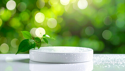 Minimal clean background with a glossy white ceramic platform, Subtle condensation and droplets are visible against a blurred green bokeh backdrop