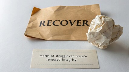 Crumpled paper bag displaying the word Recover and a message card
