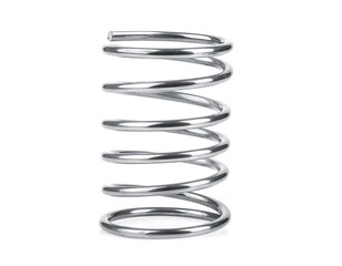 Metal spring, isolated on white background.  A cylindrical coil spring, smooth and reflective,  extends vertically