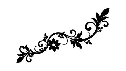An elegant floral scroll design with leaves and a flower in black and white vector format graphic art