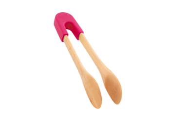 Wooden kitchen tongs with pink silicone tips isolated on transparent background