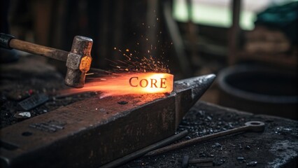 Glowing metal showing the word CORE being forged on an anvil