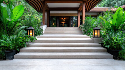 Fototapeta premium Luxurious entrance with stone steps, surrounded by lush greenery and elegant lanterns