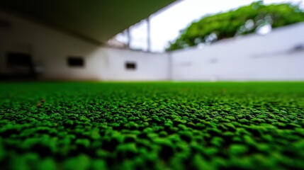 Naklejka premium synthetic. Close-up of lush green artificial grass with a softly blurred background. travel magazines, destination branding, designed for travel destination branding, elevates destination branding.