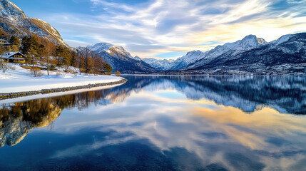 Obraz premium Peaceful lake reflecting snowy peaks under pastel sky creates serene atmosphere