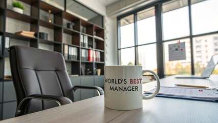 Stylish Office Space with Coffee Mug Featuring World's Best Manager Next to Workspace and Window with Natural Light