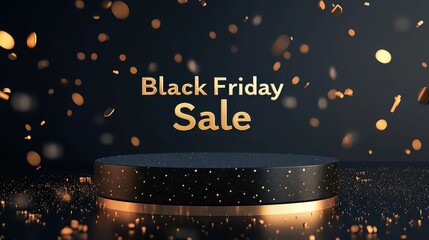 A black friday sale announcement with a stage and golden confetti on a dark background