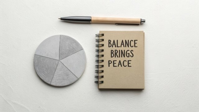 Inspirational desk arrangement featuring notebook, pen, and concrete coasters with motivational quote about balance and peace - Powered by Adobe