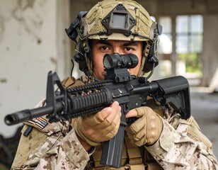 Focused soldier in military gear aiming rifle
