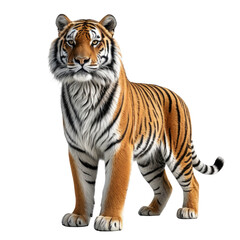 Regal tiger portrait orange fur, black stripes, piercing gaze, strong stance