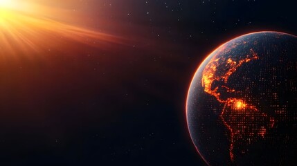 Fototapeta premium The image features an abstract representation of planet Earth, illuminated with bright orange light and overlaid with binary code, set against a starry space backdrop.