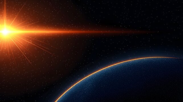 An abstract space scene with a bright starburst on the left, a horizontal light beam across a starfield, and a blue and orange planet curve at the bottom.