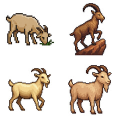 Pixel art style animal set showing four goat poses grazing climbing walking standing with warm tones playful calm mood