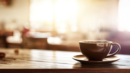 Fototapeta premium pause. A close-up view of a coffee cup with steam rising, set against a blurred, cozy backdrop. bar promotions, beverage menus, designed for food & beverage menus and cafe branding.