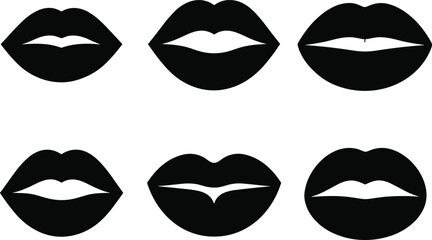 Black lip silhouette set featuring various mouth shapes and expressions for beauty, fashion, emotion, and character design in vector