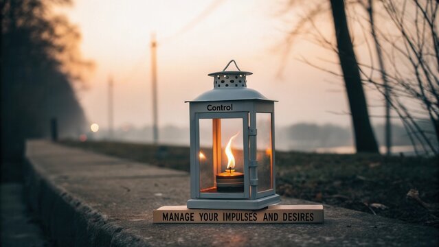 A peaceful lantern with a vibrant flame and words of self control
