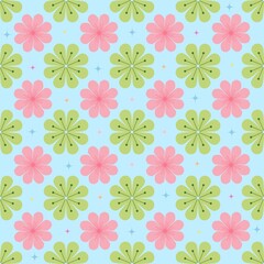 Green and Pink Flower Seamless Pattern on Sky Blue
